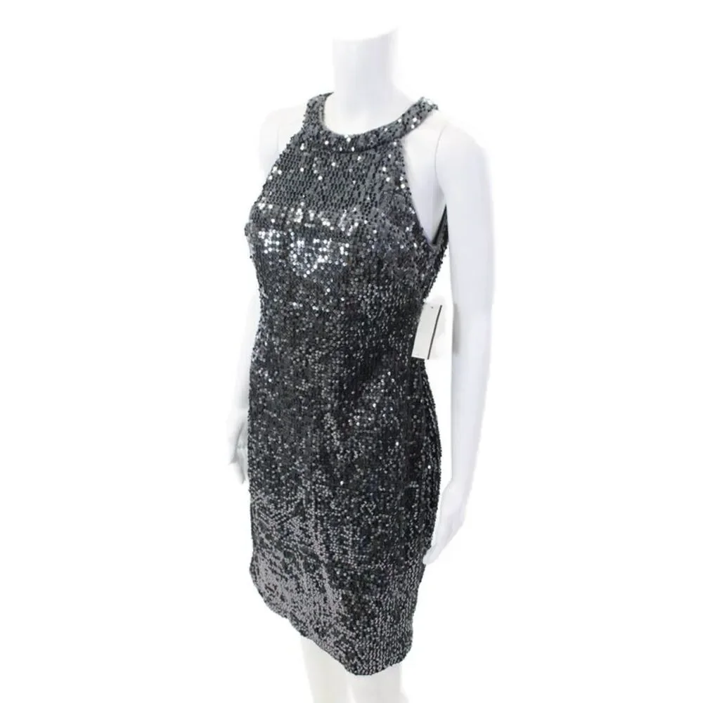 N W Night Way High Neck Sleeveless Sequin Mini Dress Silver Size 8P